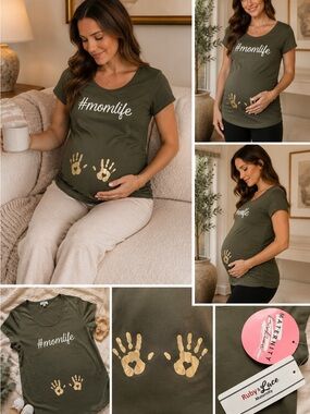NWT Olive Green Maternity Graphic Tee #MomLife Gold Print XL